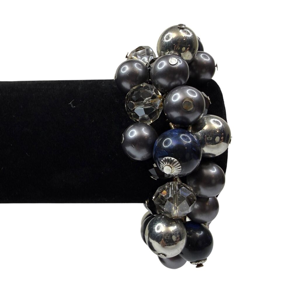LIMITED Cluster Bead Charm Bracelet Gray Blue Silver Tone Fashion Jewelry 6.5"